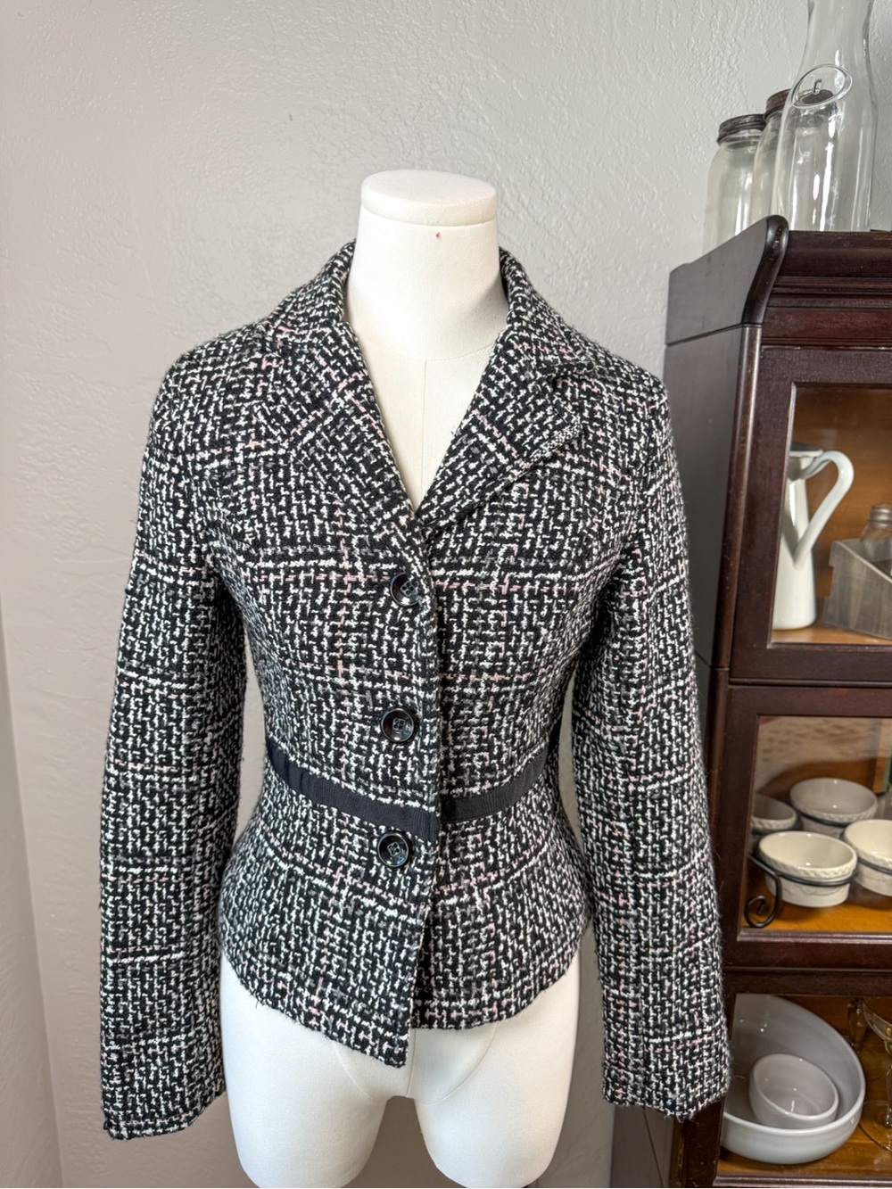 Sashimi Tweed Blazer Jacket Black White Pink Wool Blend Tailored Size S